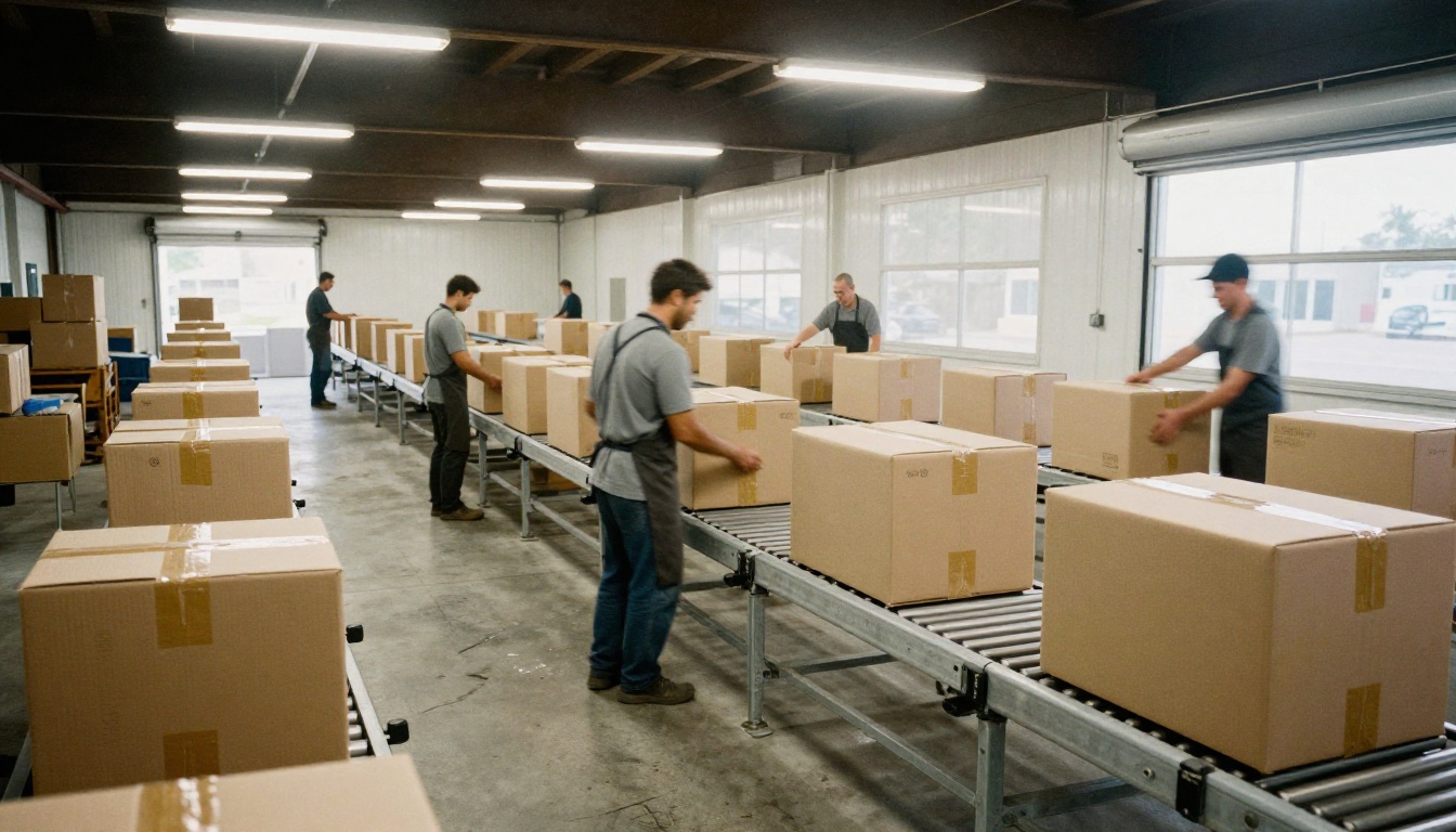 Parcel packing line in a fulfilment warehouse, a picture of steady throughput