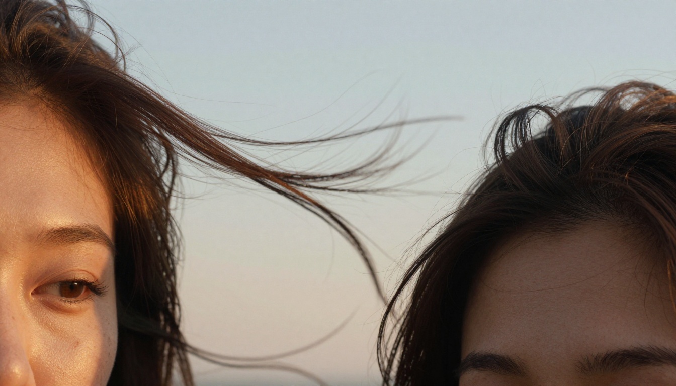 Windswept hair strands sharp against a soft golden hour sky, an edge detail test