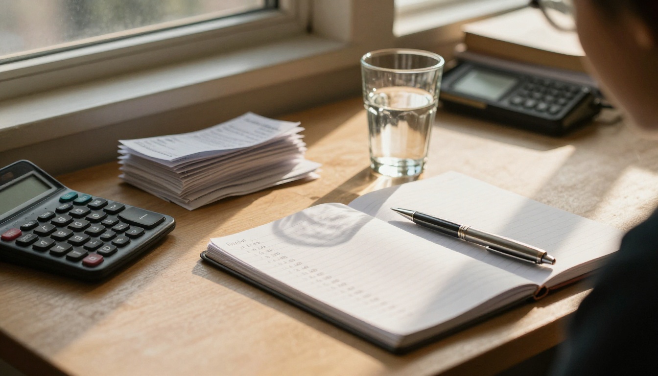 A small business owner's desk with a calculator, receipts and a notebook of numbers