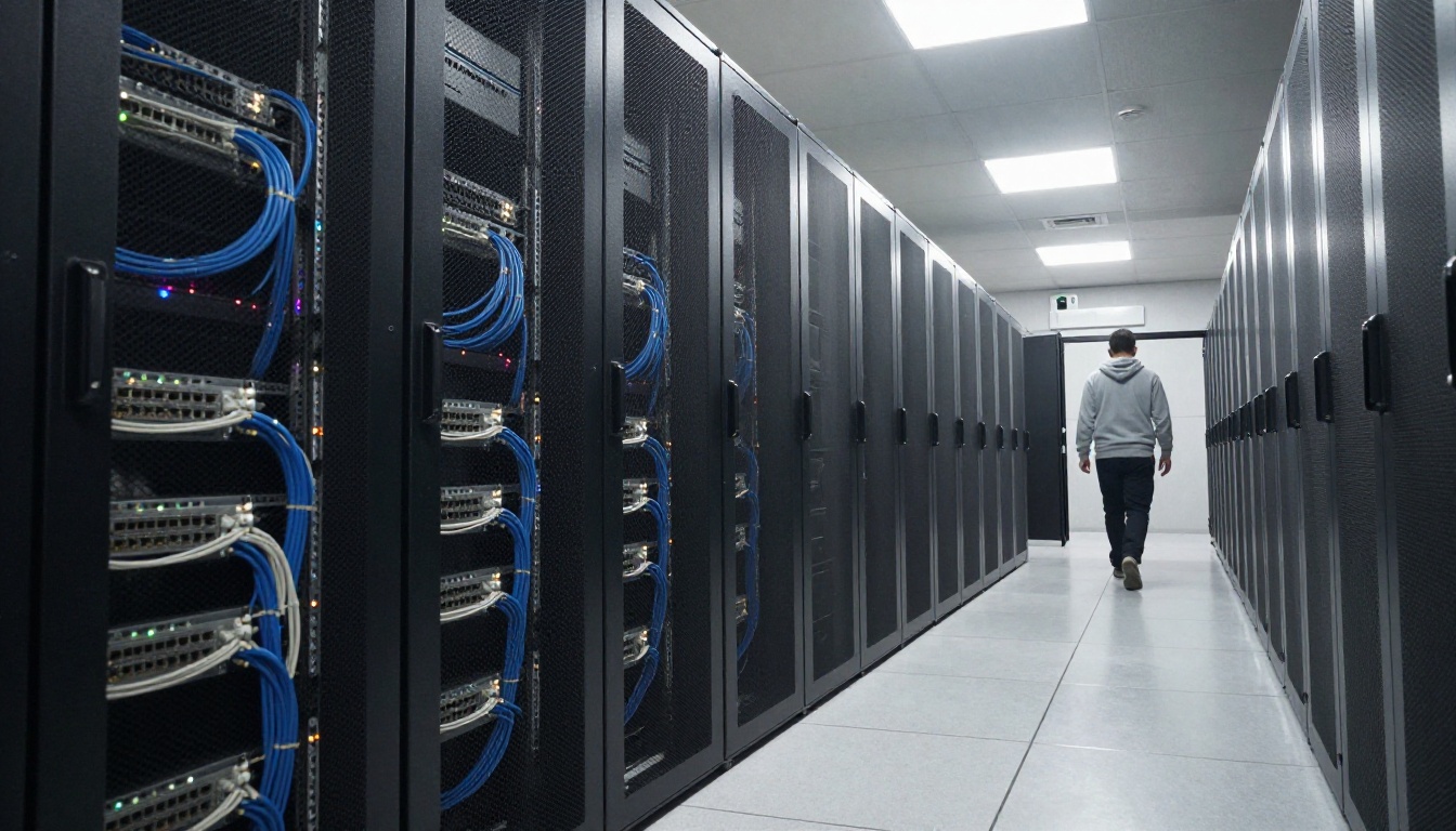Low-angle view of a server room corridor with black racks and tidy network cables