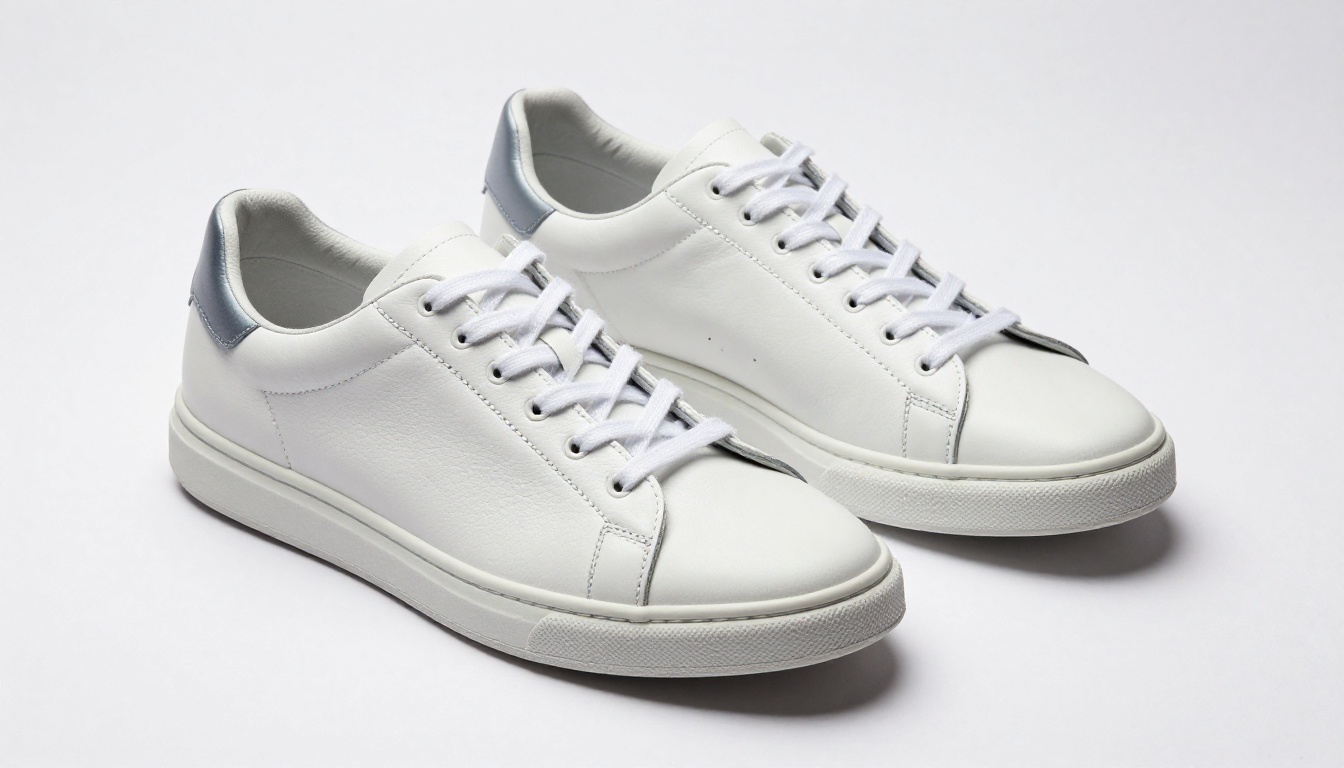 White leather sneakers on a seamless paper backdrop, the classic subject for background removal