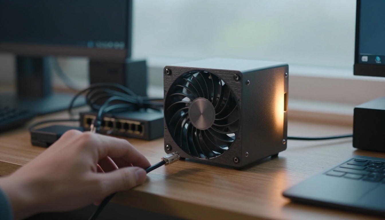 A fanless mini PC on a home lab shelf beside a network switch while a hand plugs in a cable