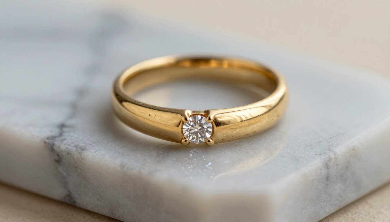 Gold ring on a marble slab with a soft contact shadow, the kind of shot AI shadows target
