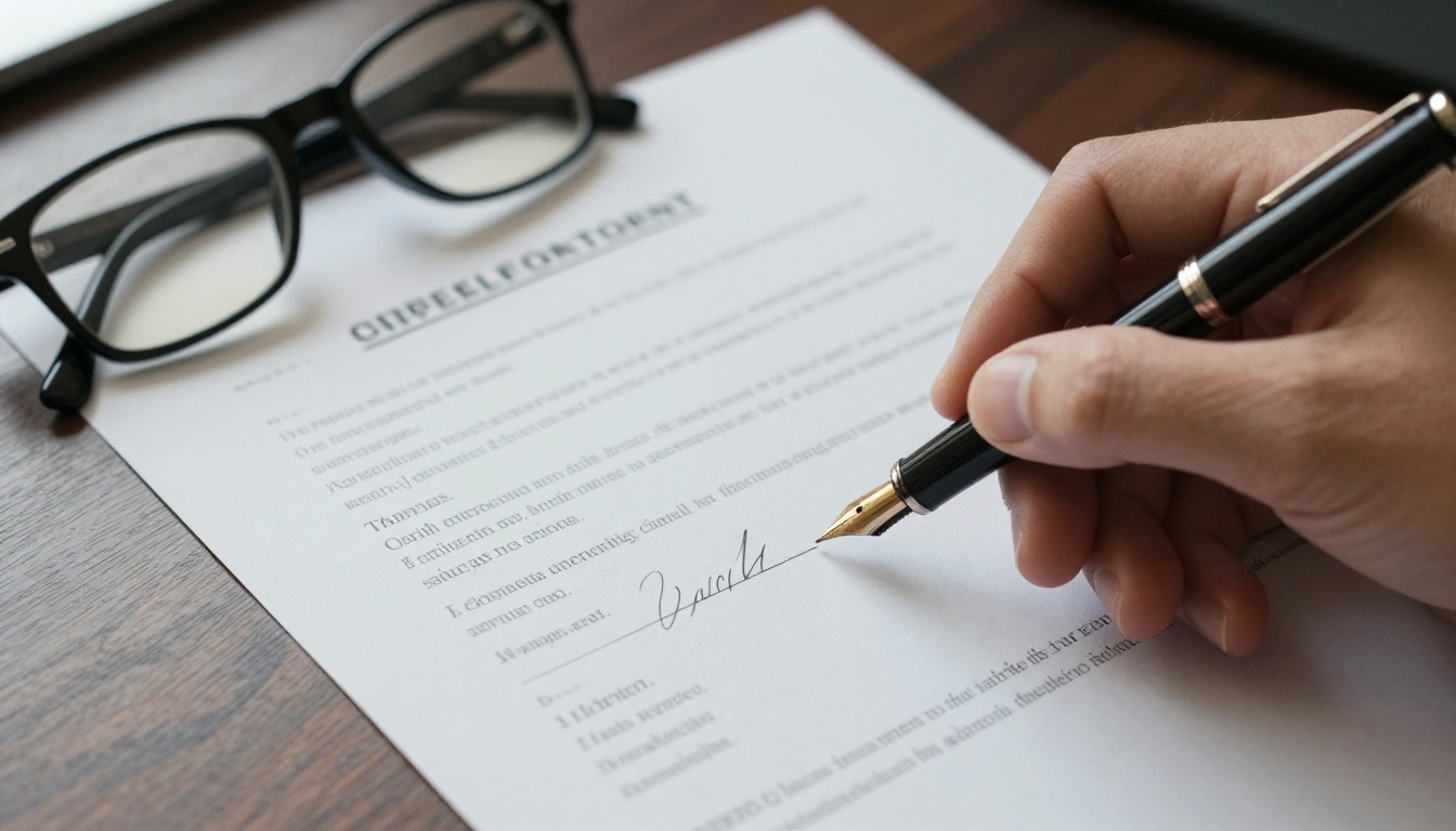 A hand holding a fountain pen above a printed license agreement on a walnut desk