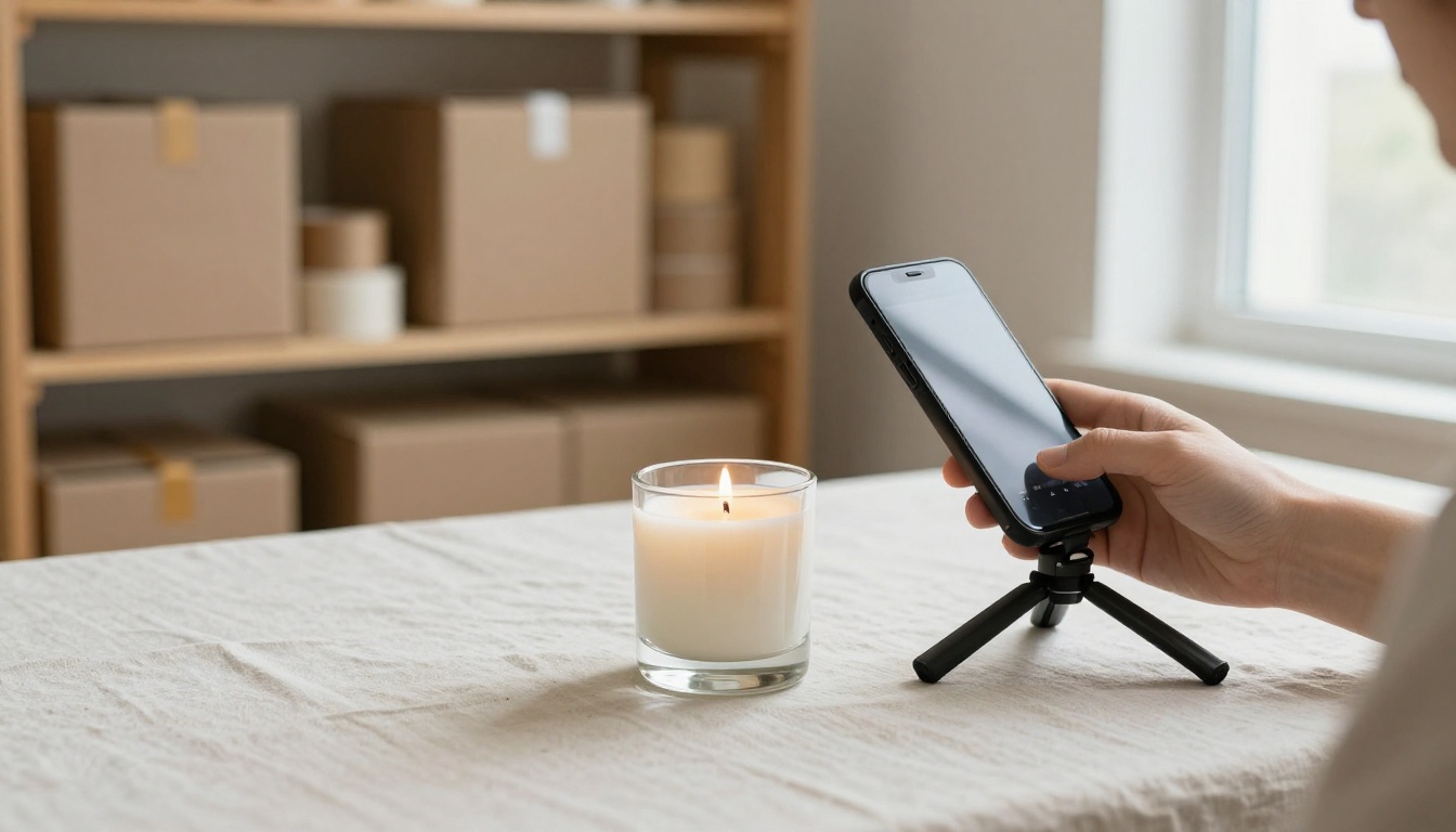 Marketplace seller photographing a handmade candle with a phone on a tripod
