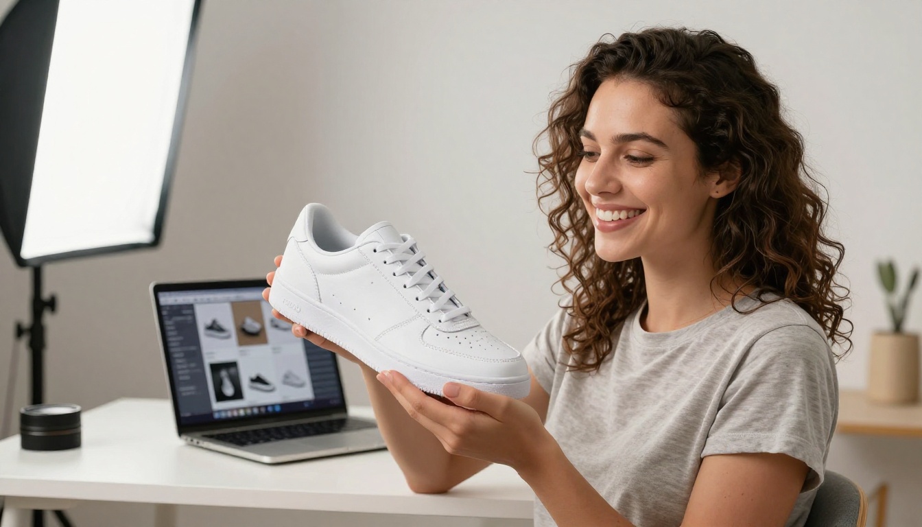A product photographer holding a finished print of white sneakers on a clean backdrop
