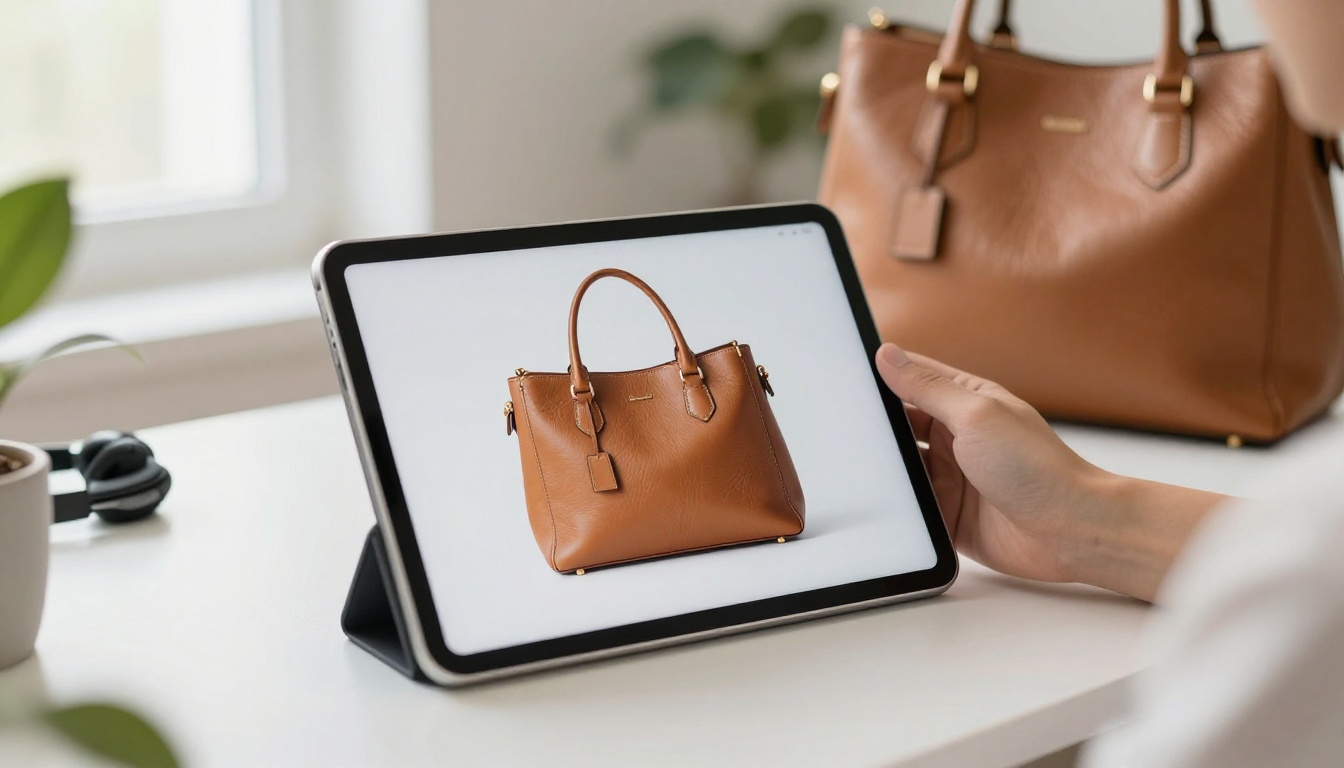Content creator holding a tablet showing a handbag cut cleanly from its background