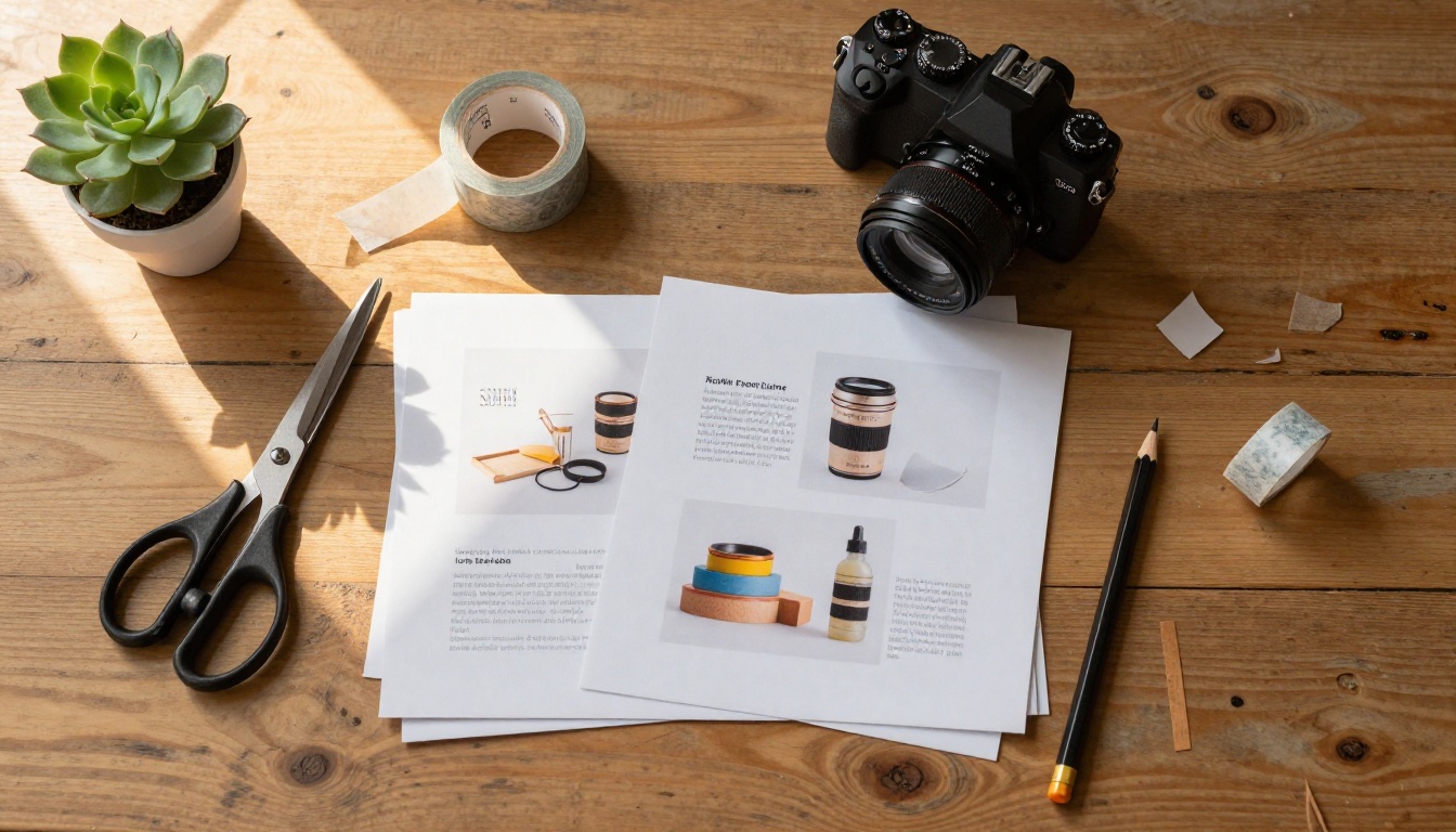 Flat lay of printed product photographs, scissors and washi tape on an oak table
