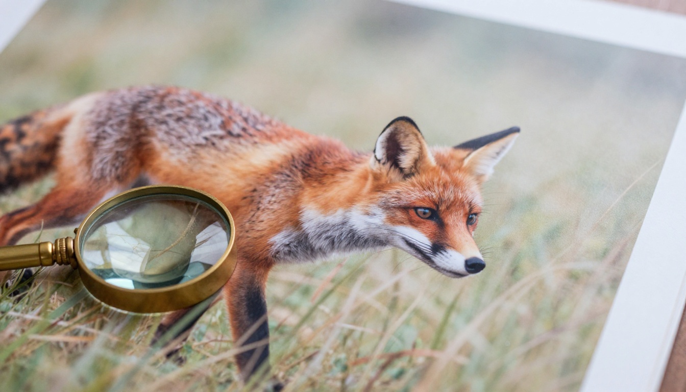 Brass loupe resting on a large print of a red fox, fur strands sharply resolved