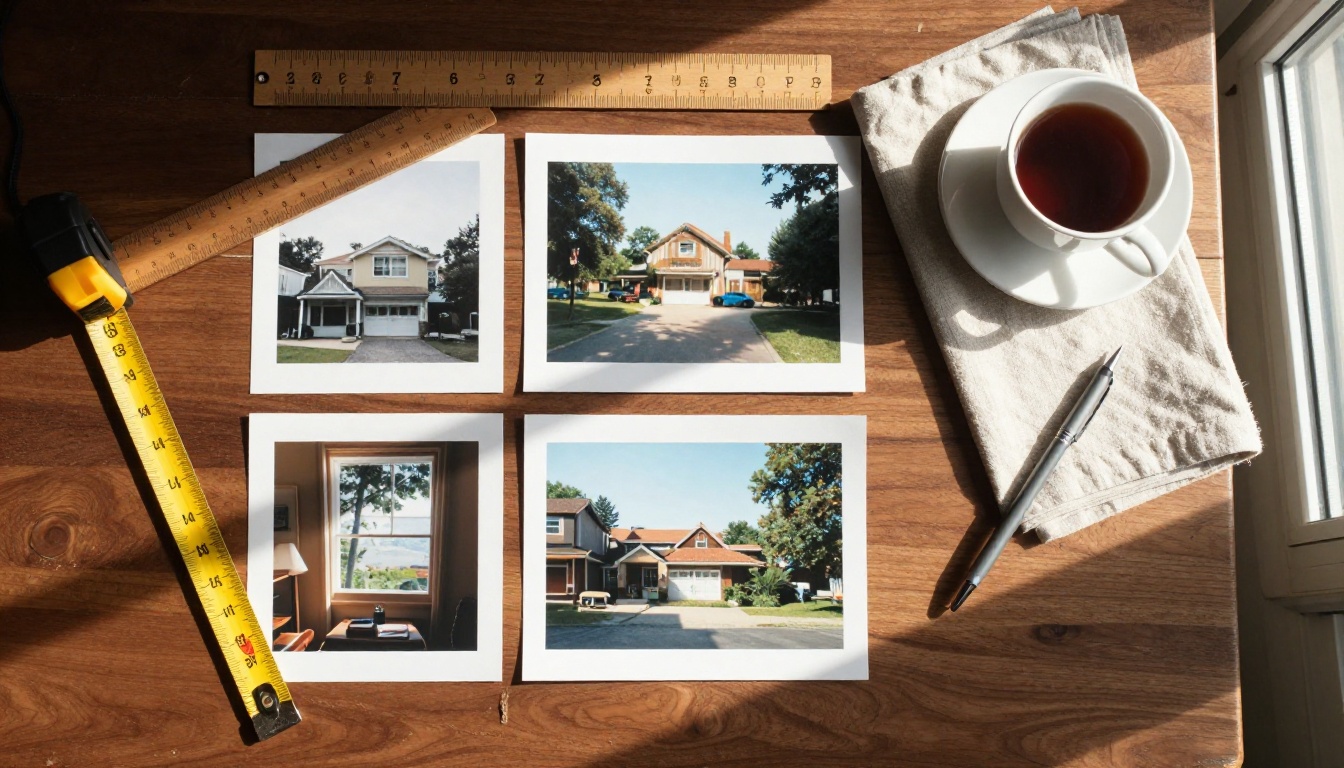 Overhead view of a walnut desk with a ruler and tape measure across three prints of different sizes