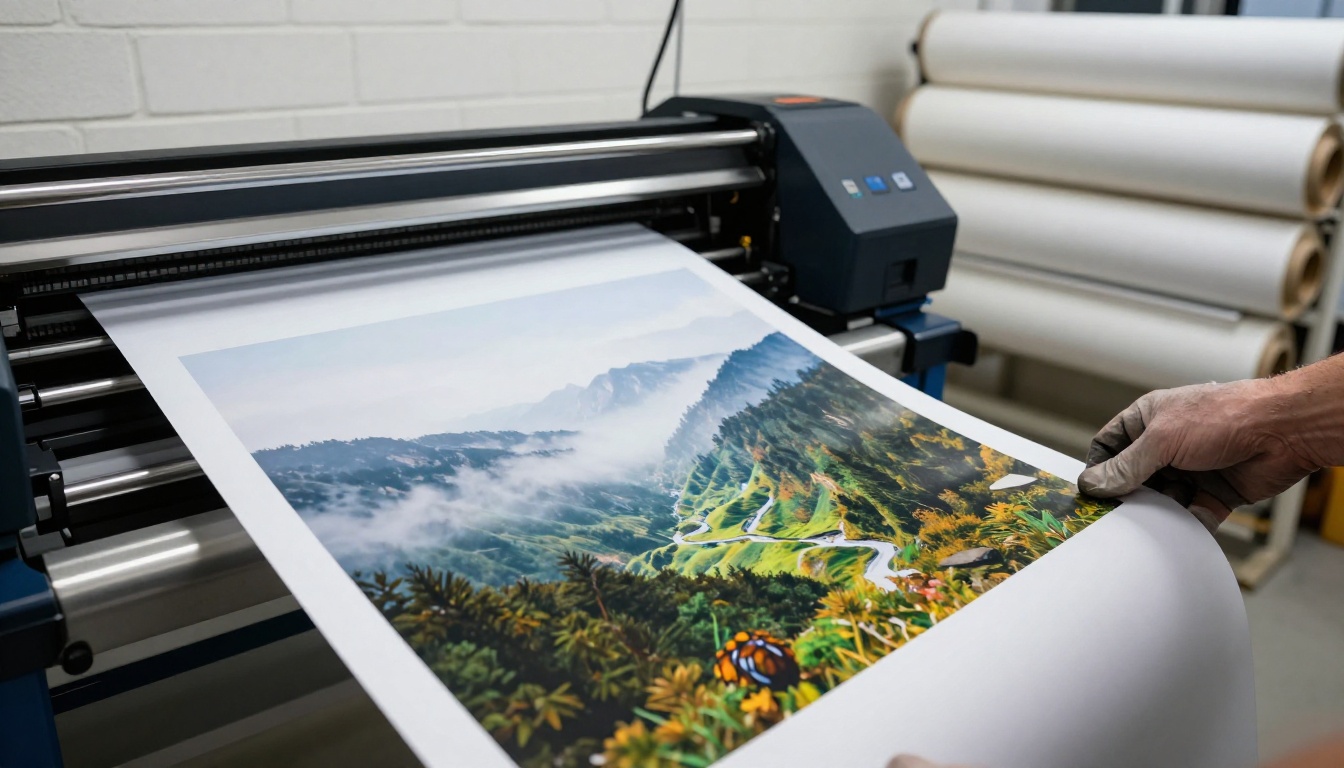Wide-format inkjet printer feeding out a long mountain valley print into a technician's gloved hands