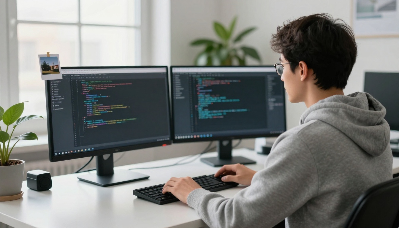 Developer in a grey hoodie at a standing desk with two monitors in a bright open office