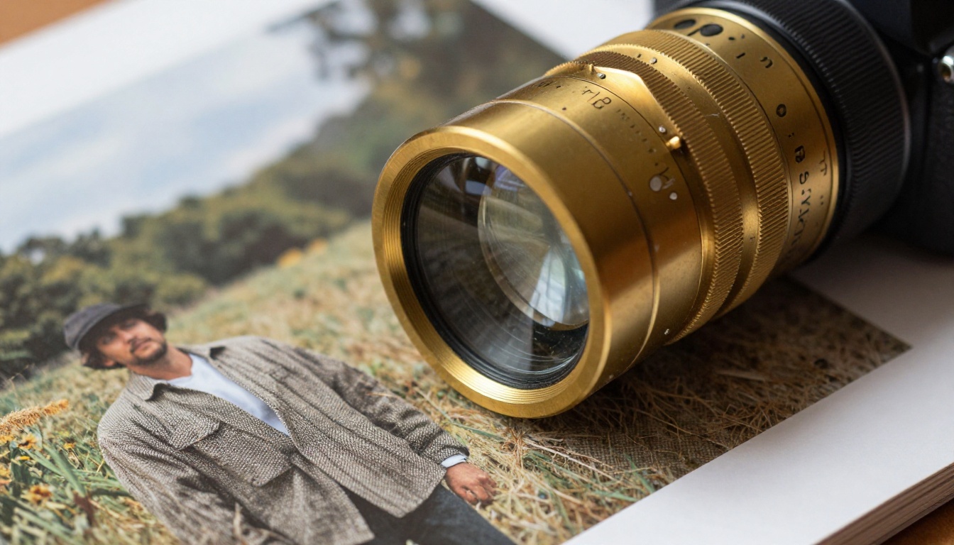 A brass loupe over a printed photograph showing fine fabric texture