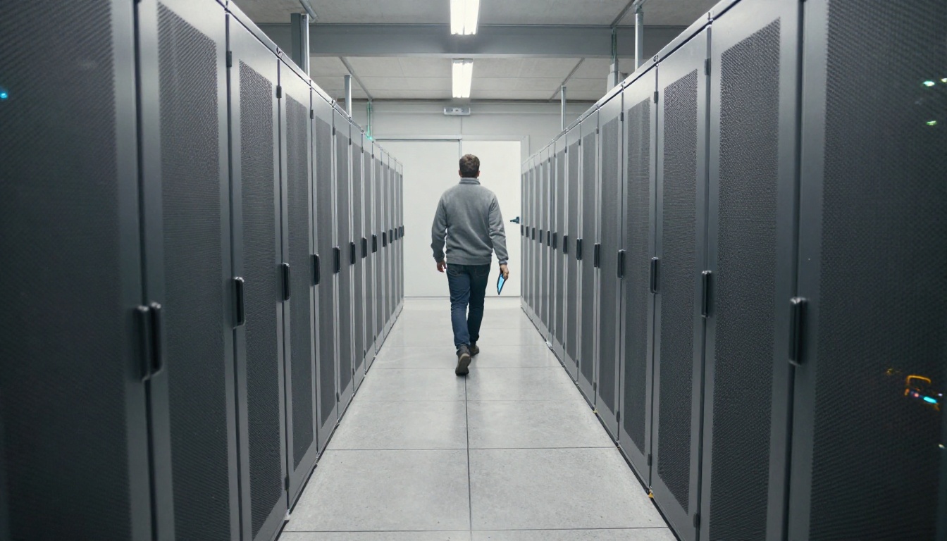 Quiet corridor between rows of matte steel server cabinets in a clean data centre
