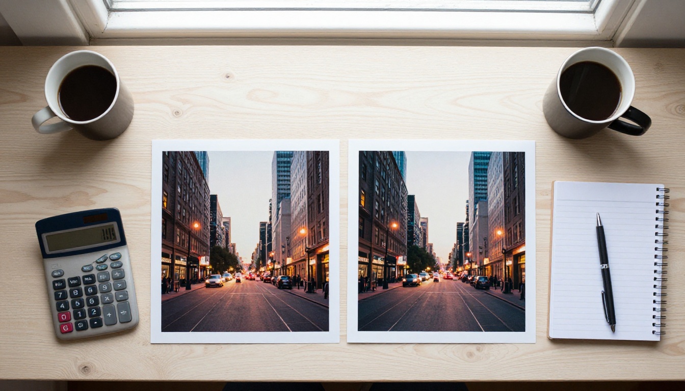 Two prints of a city street at dusk, one soft and one sharp, beside a calculator and coffee