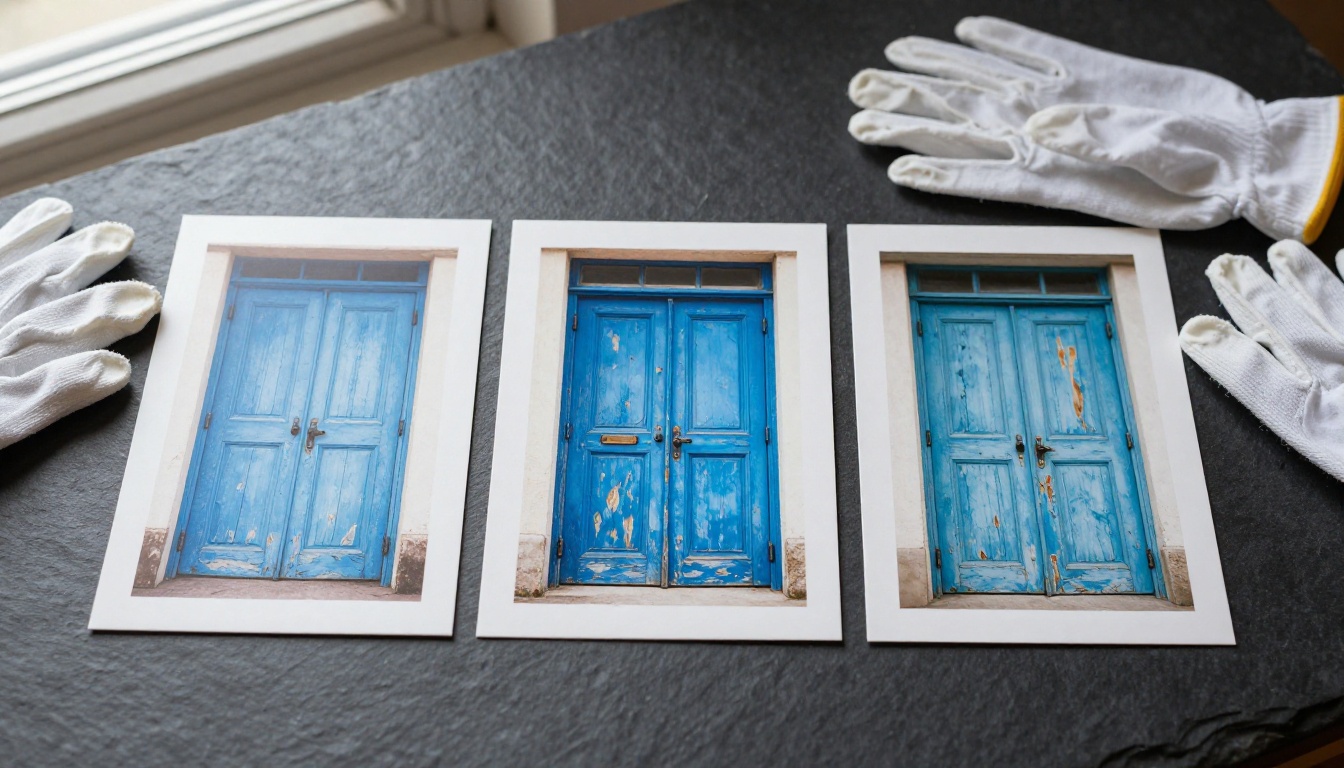 Three matte prints of the same weathered blue harbour door lined up on a slate table