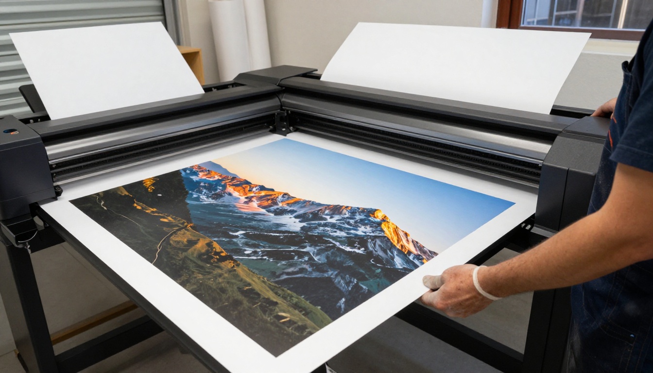 A large wide format print feeding out of a printer in a print shop
