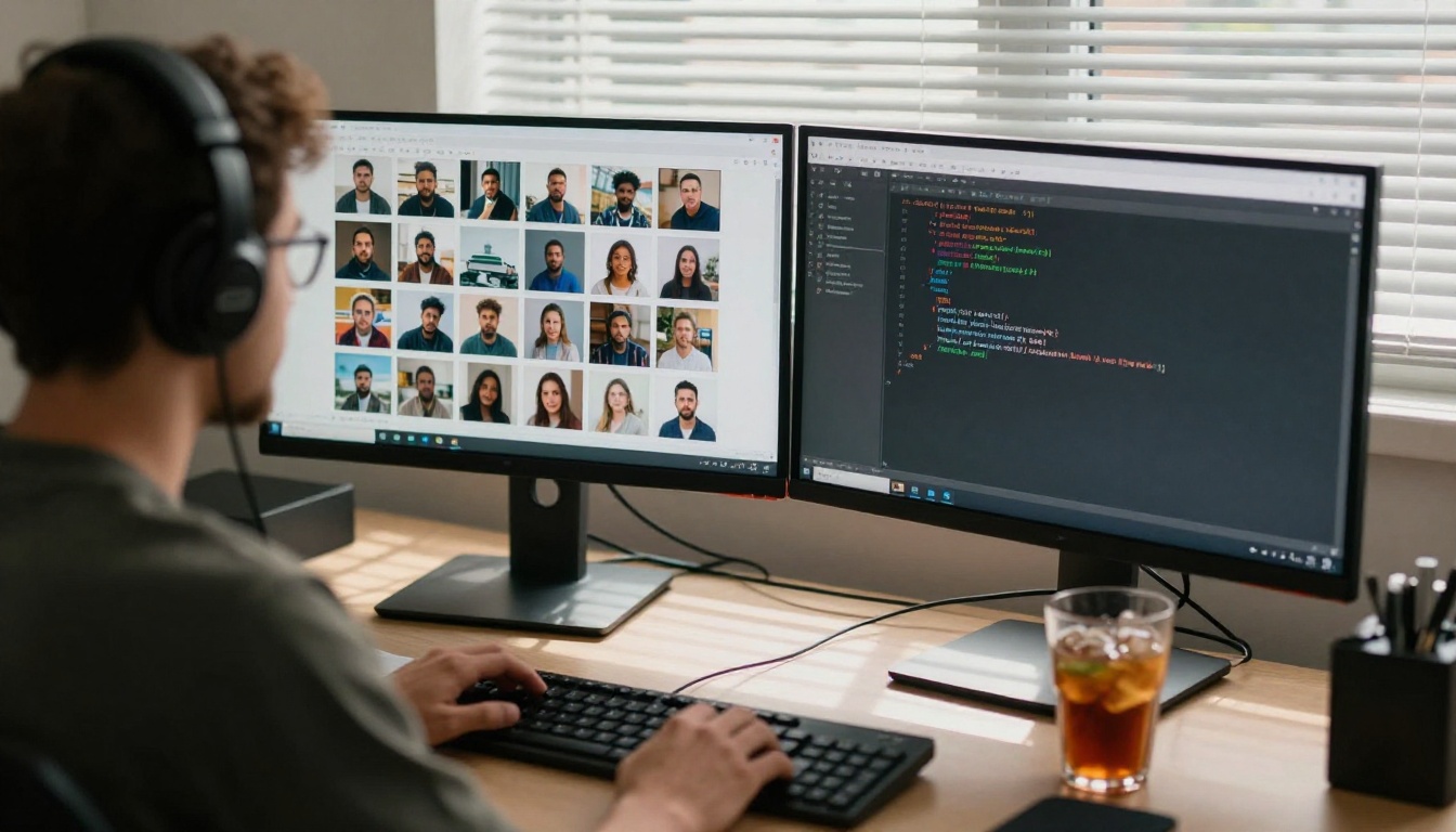 A developer at a standing desk with two monitors showing photo thumbnails