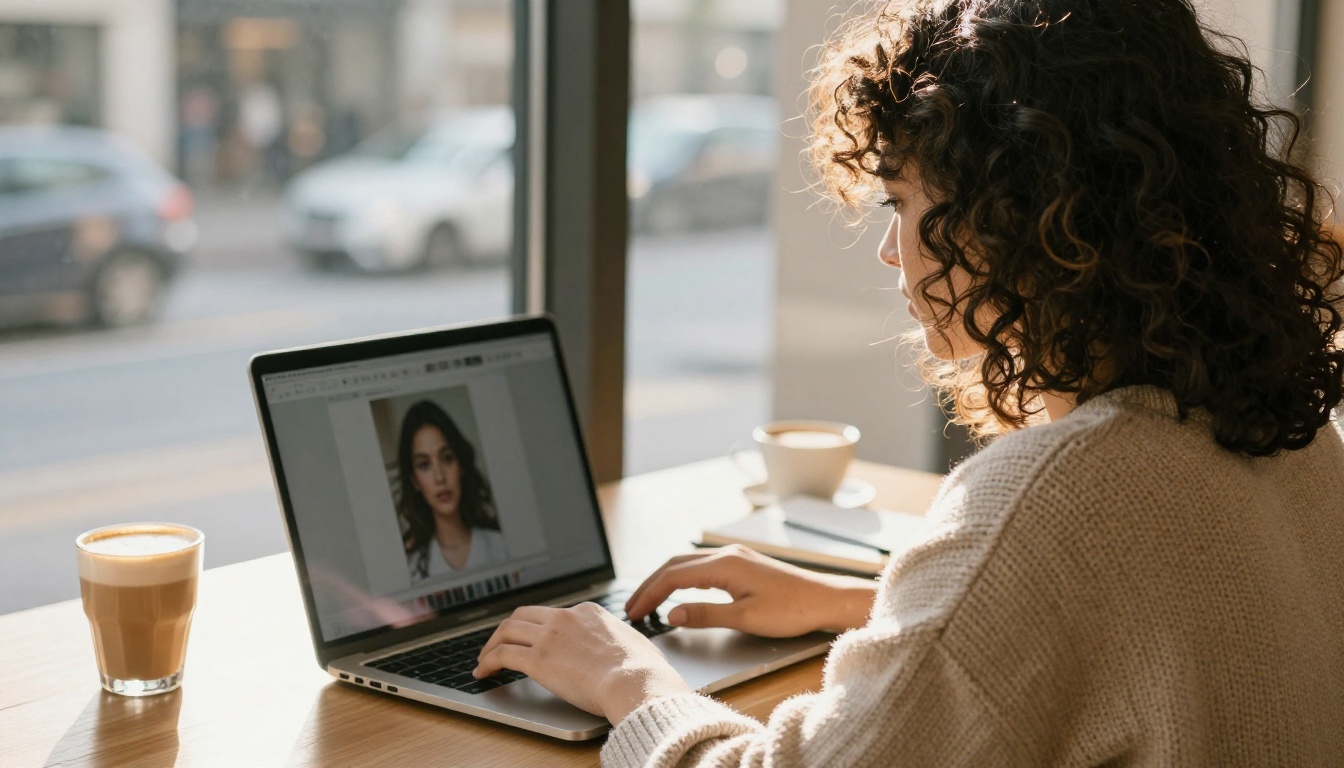 Young woman at a sunlit café window table enlarging a portrait photograph on a laptop