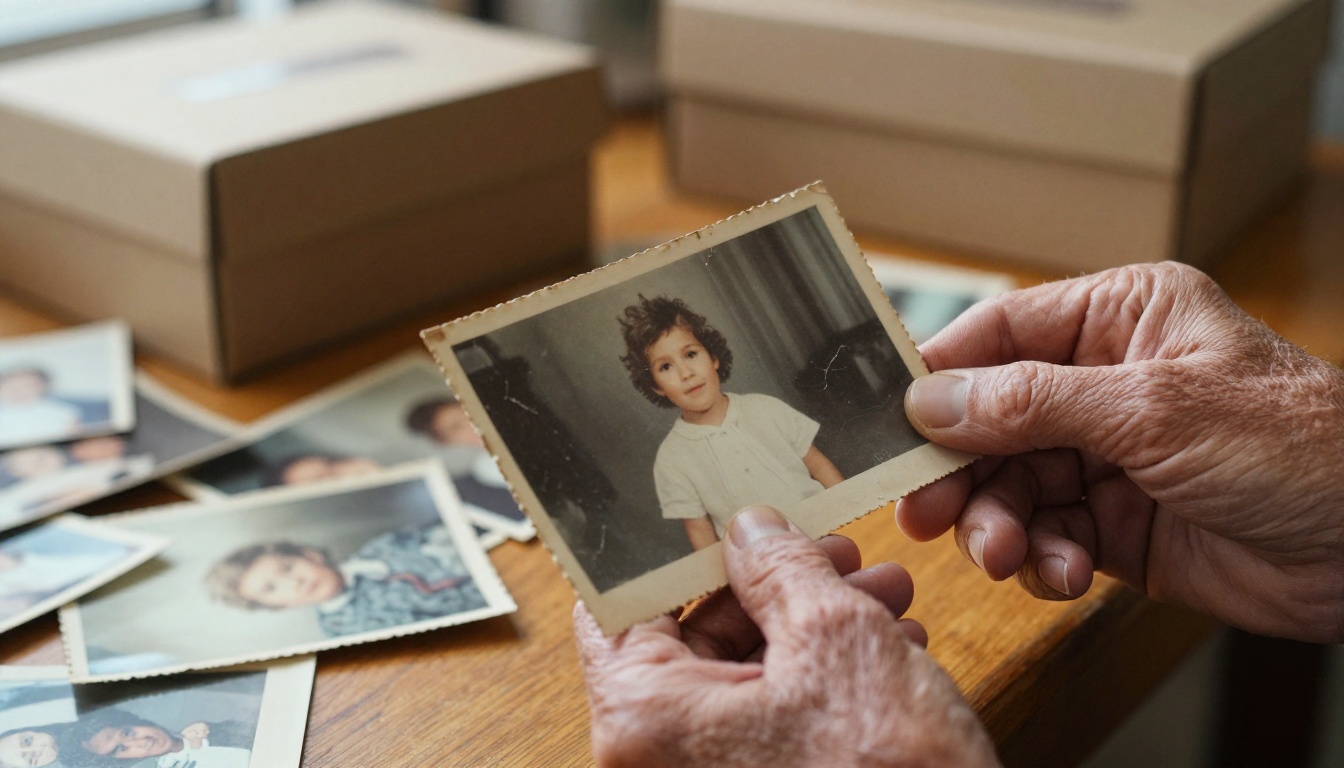 An older woman's hands holding a faded vintage family photograph