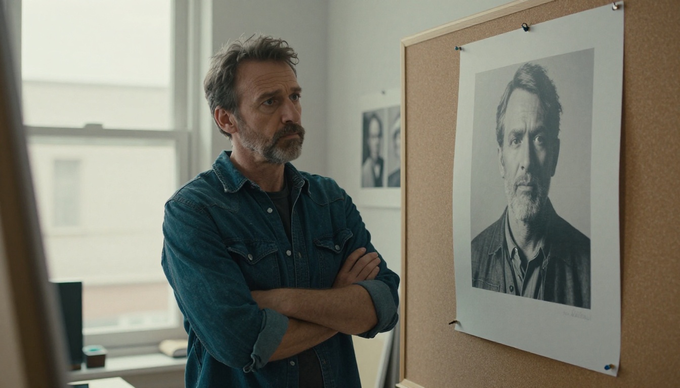 Man in his fifties with arms crossed studying a large portrait print pinned to a corkboard