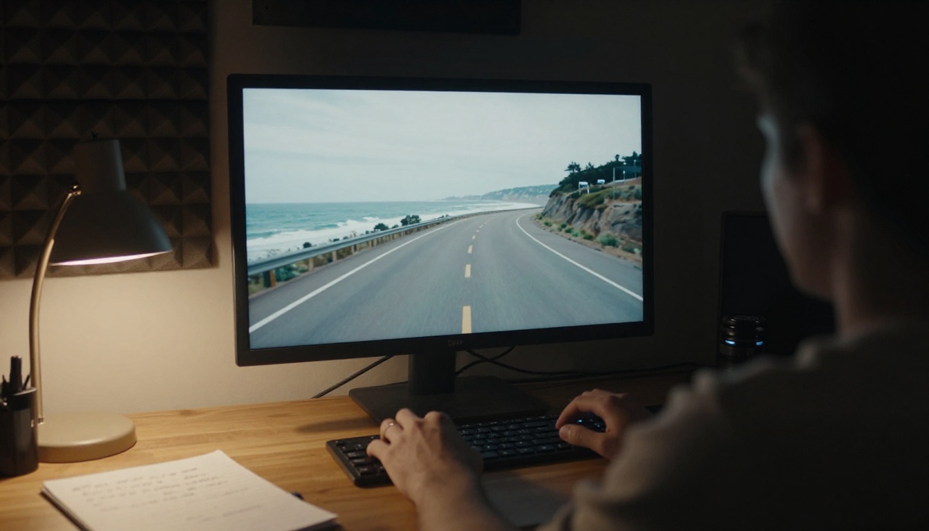 A video editor in a dim edit suite looking at a paused frame