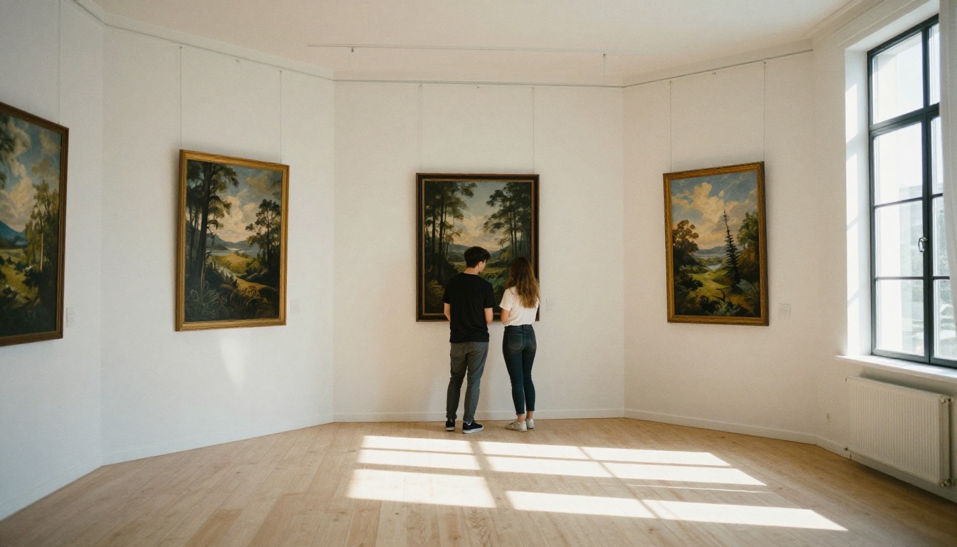 Small bright gallery with three large framed landscape prints and two visitors leaning in to admire the detail