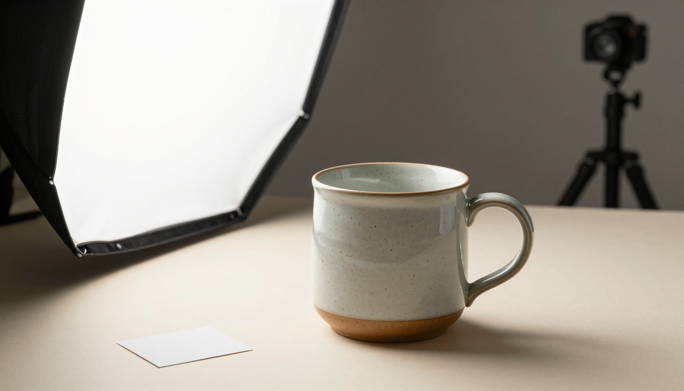 A speckled ceramic mug photographed on a seamless backdrop with a softbox
