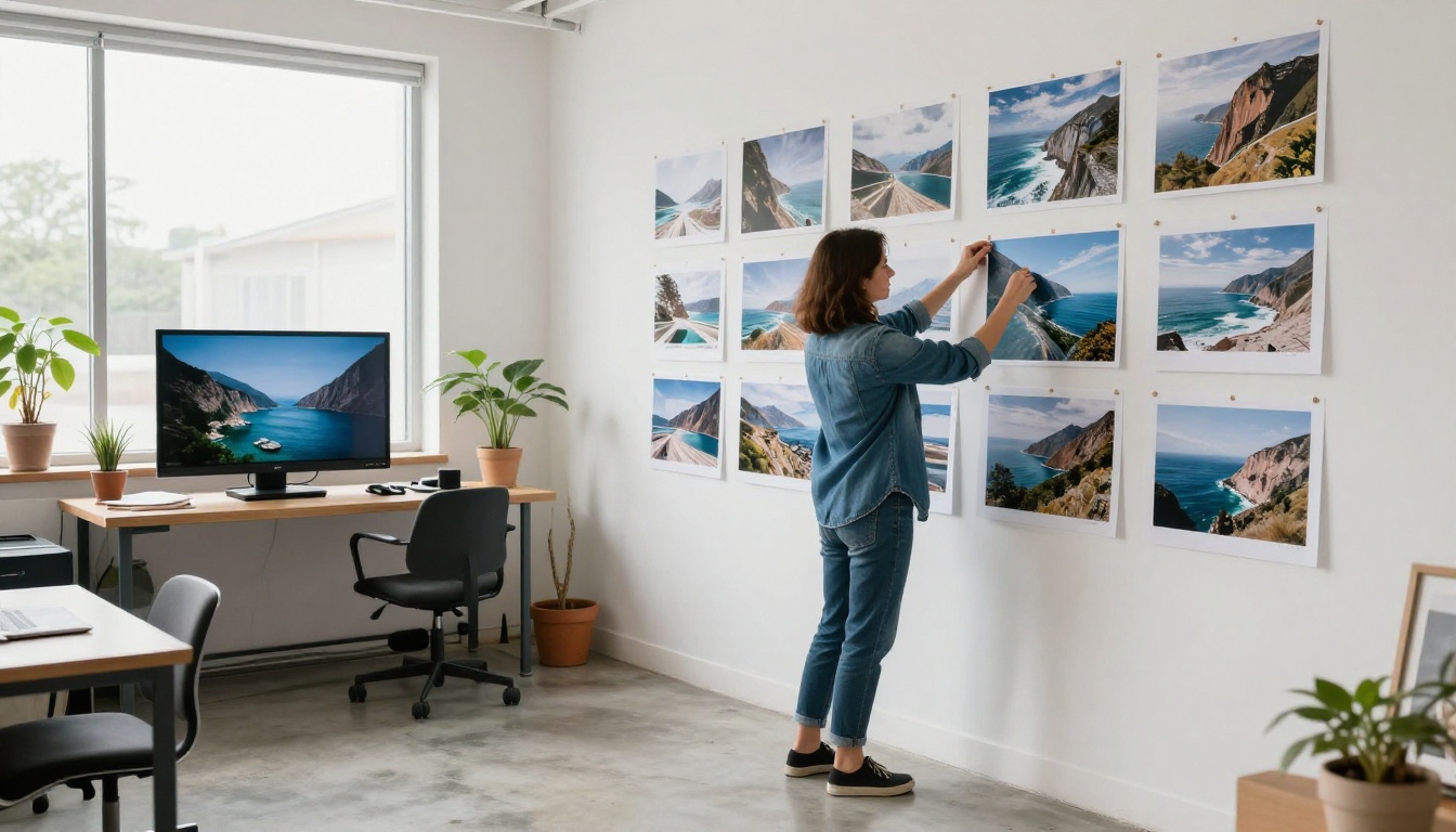A woman pinning large landscape prints to a studio wall