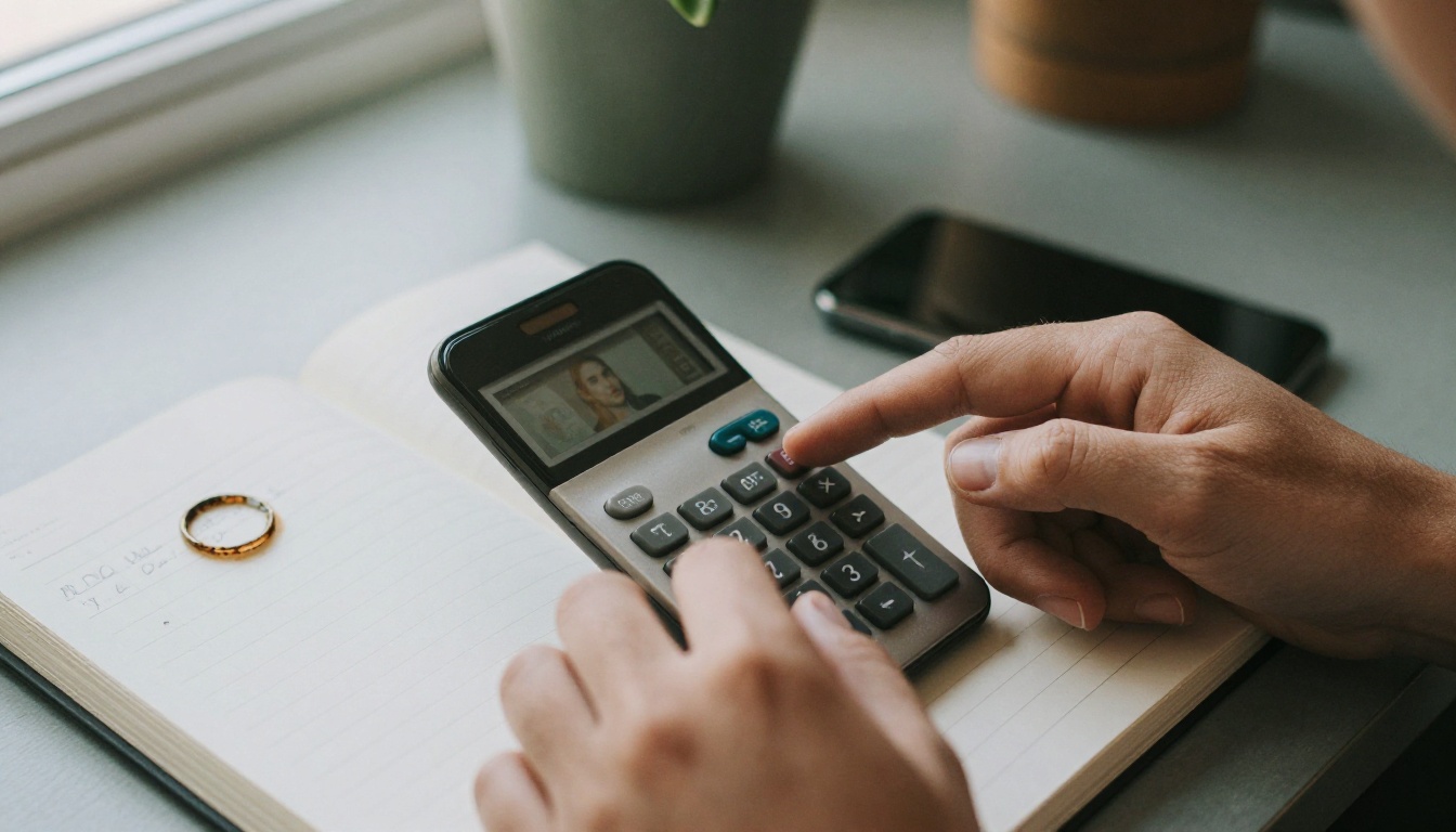 A freelancer's hands on a calculator next to a notebook and a phone
