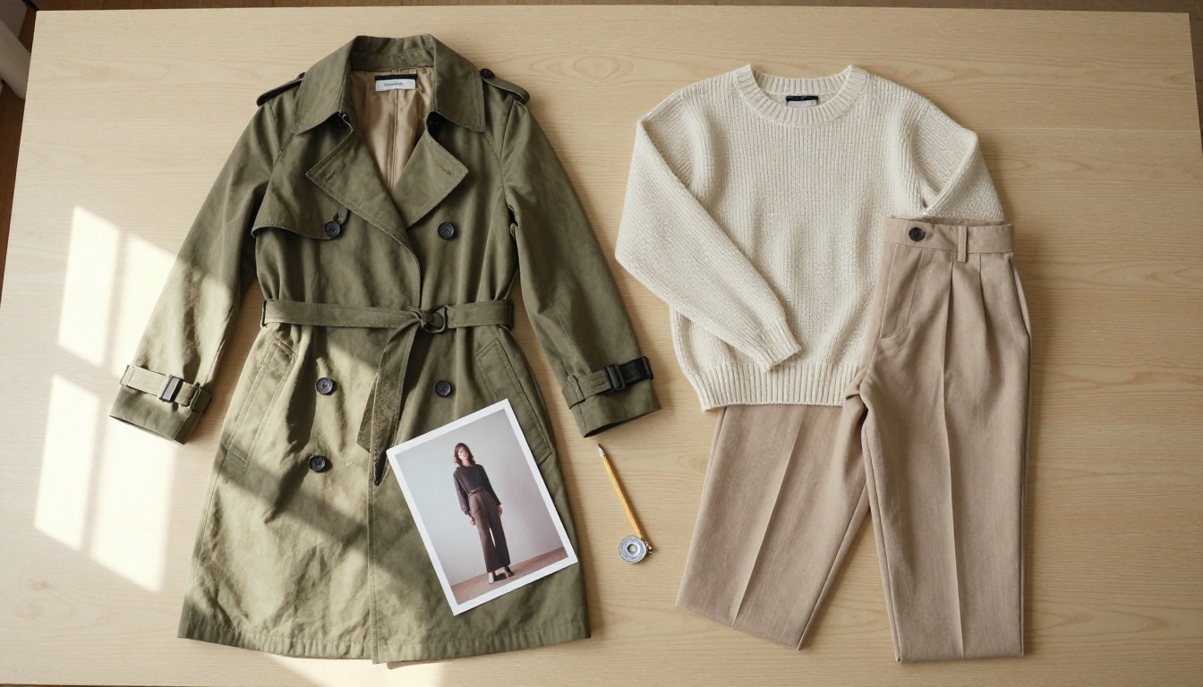 Top-down flat lay of an olive trench coat, cream sweater and beige trousers beside a printed portrait photo