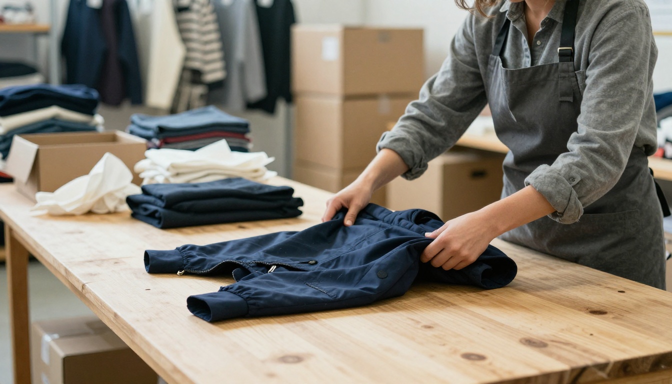 Woman in a gray apron folding a returned navy jacket at a packing bench in a bright warehouse