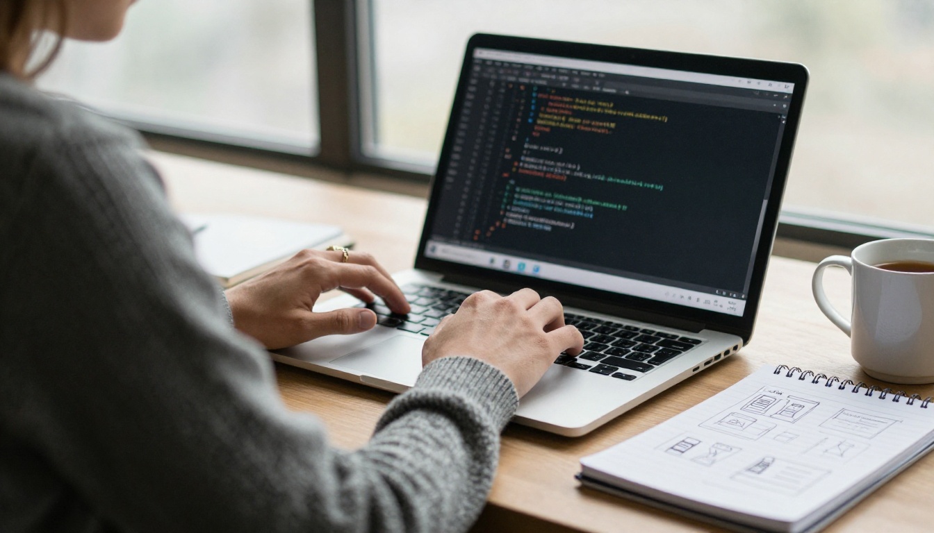 Software developer typing on a laptop beside a notebook with hand drawn wireframes of a shopping page
