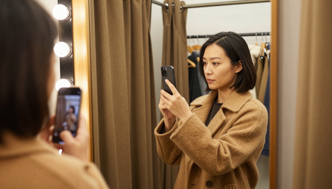 Woman in a camel wool coat photographing herself with a smartphone in a tall boutique mirror
