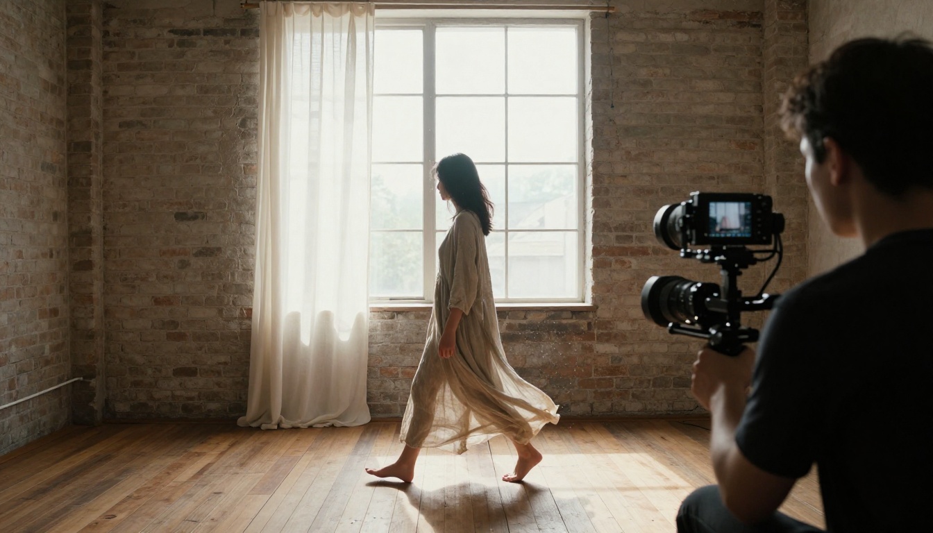 Cinematographer with a handheld gimbal following a model in a linen dress toward a loft window