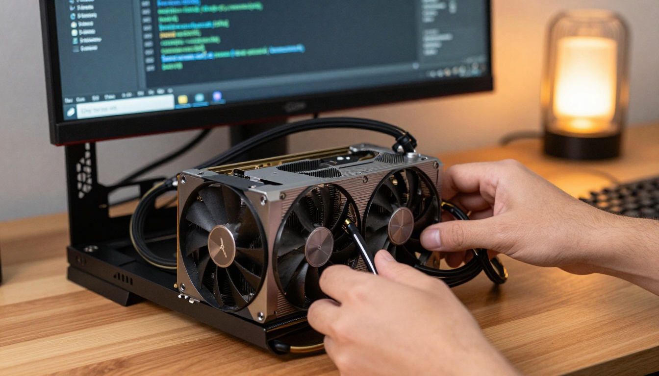 Open desktop computer case showing a large graphics card with a code editor blurred in the background