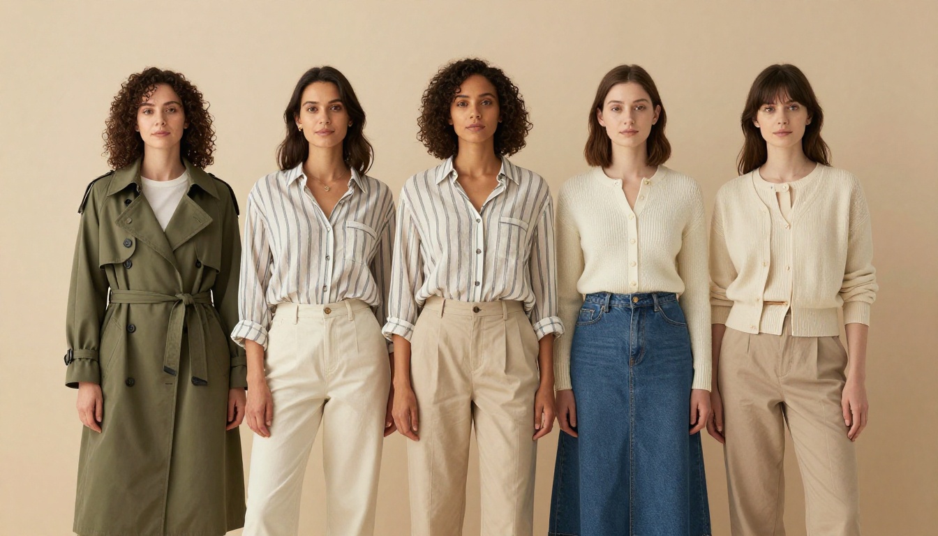 Three women in different outfits standing in a row against a seamless beige backdrop