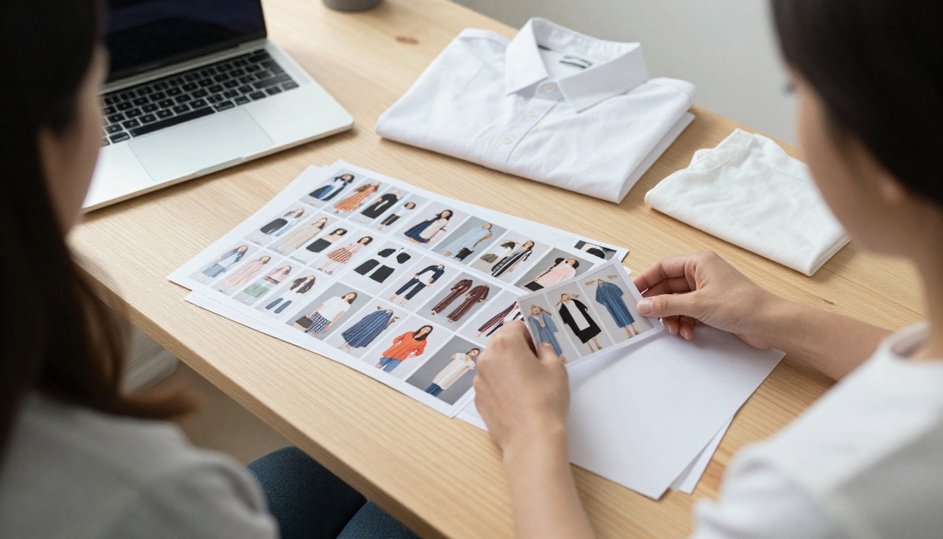 Woman's hands sorting printed clothing product photos into a row beside a laptop and a folded white shirt