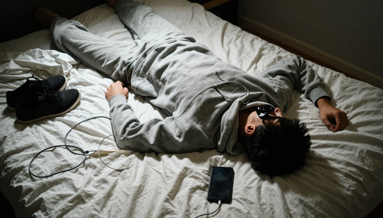 Young man photographing a crumpled gray hoodie on an unmade bed under a harsh ceiling lamp