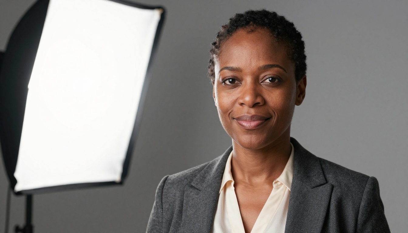 Studio headshot of a confident woman in a charcoal blazer against a grey backdrop
