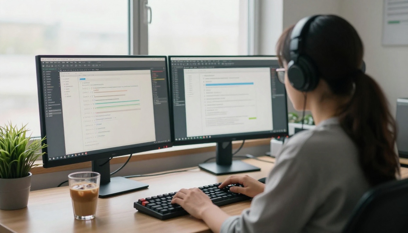 Over-the-shoulder view of a developer at a standing desk with two monitors