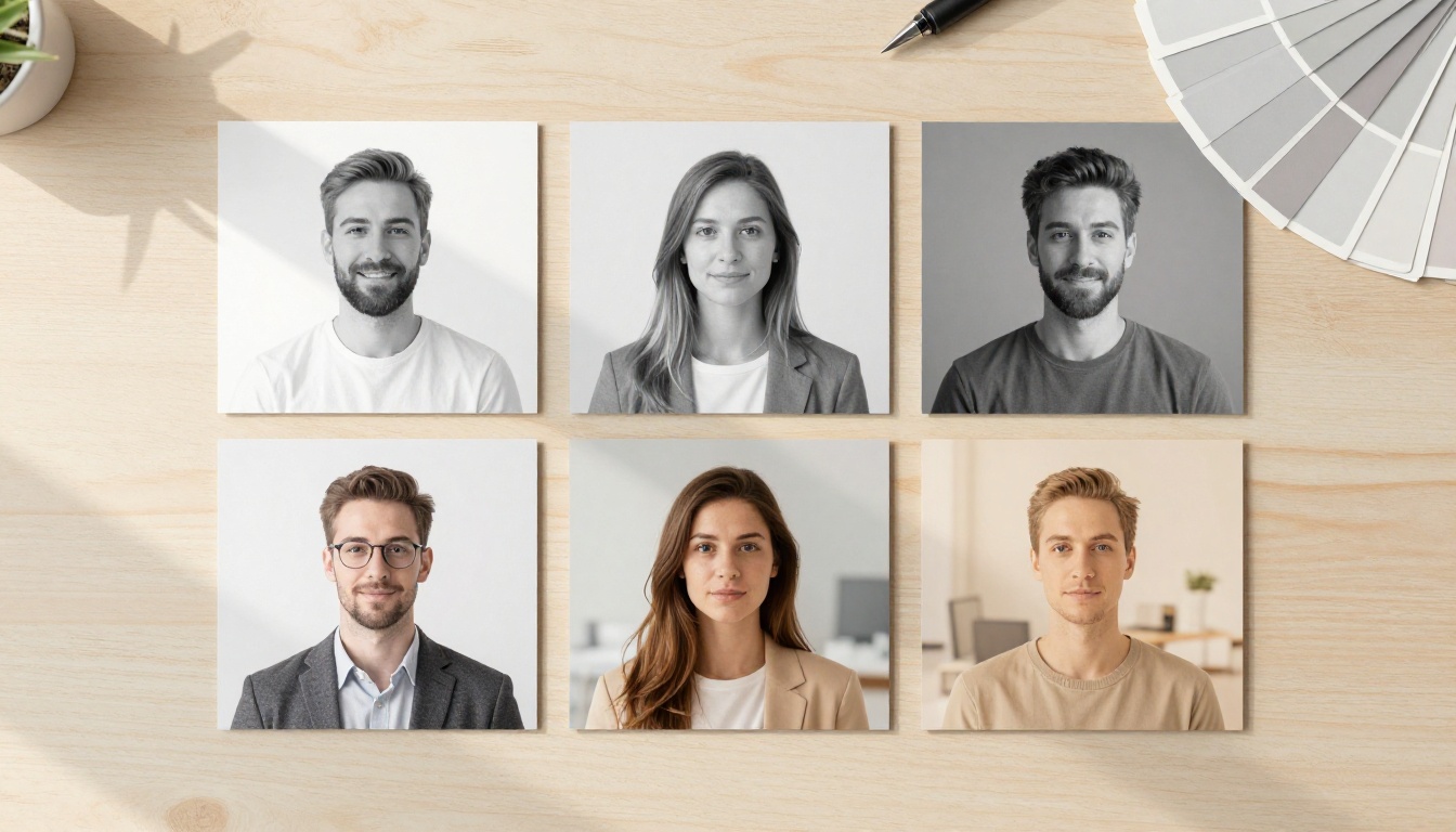 Flat lay of five printed headshots on different backdrops