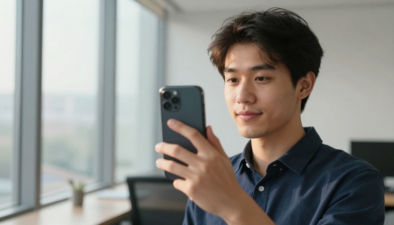 Young man in a navy shirt taking a selfie beside an office window
