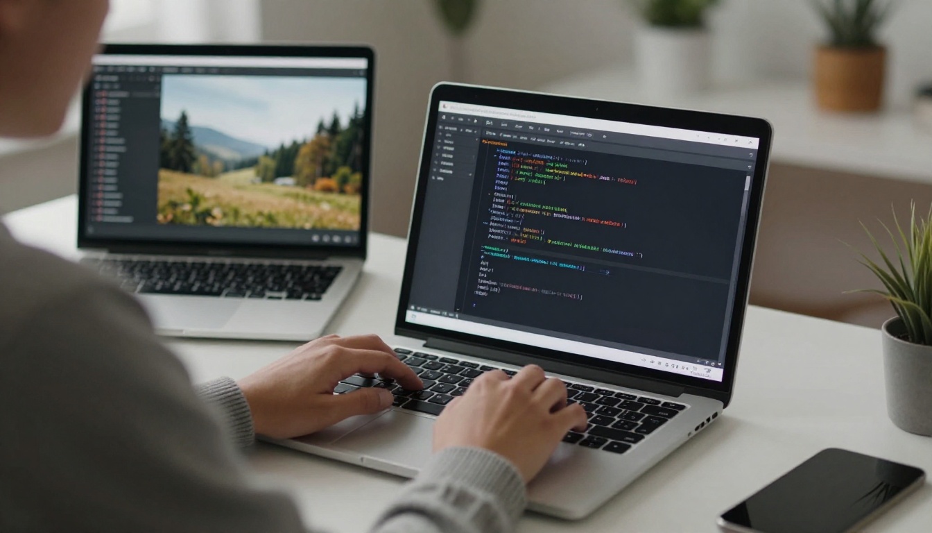 Developer typing a thumbnail generation request in a code editor at a home office desk