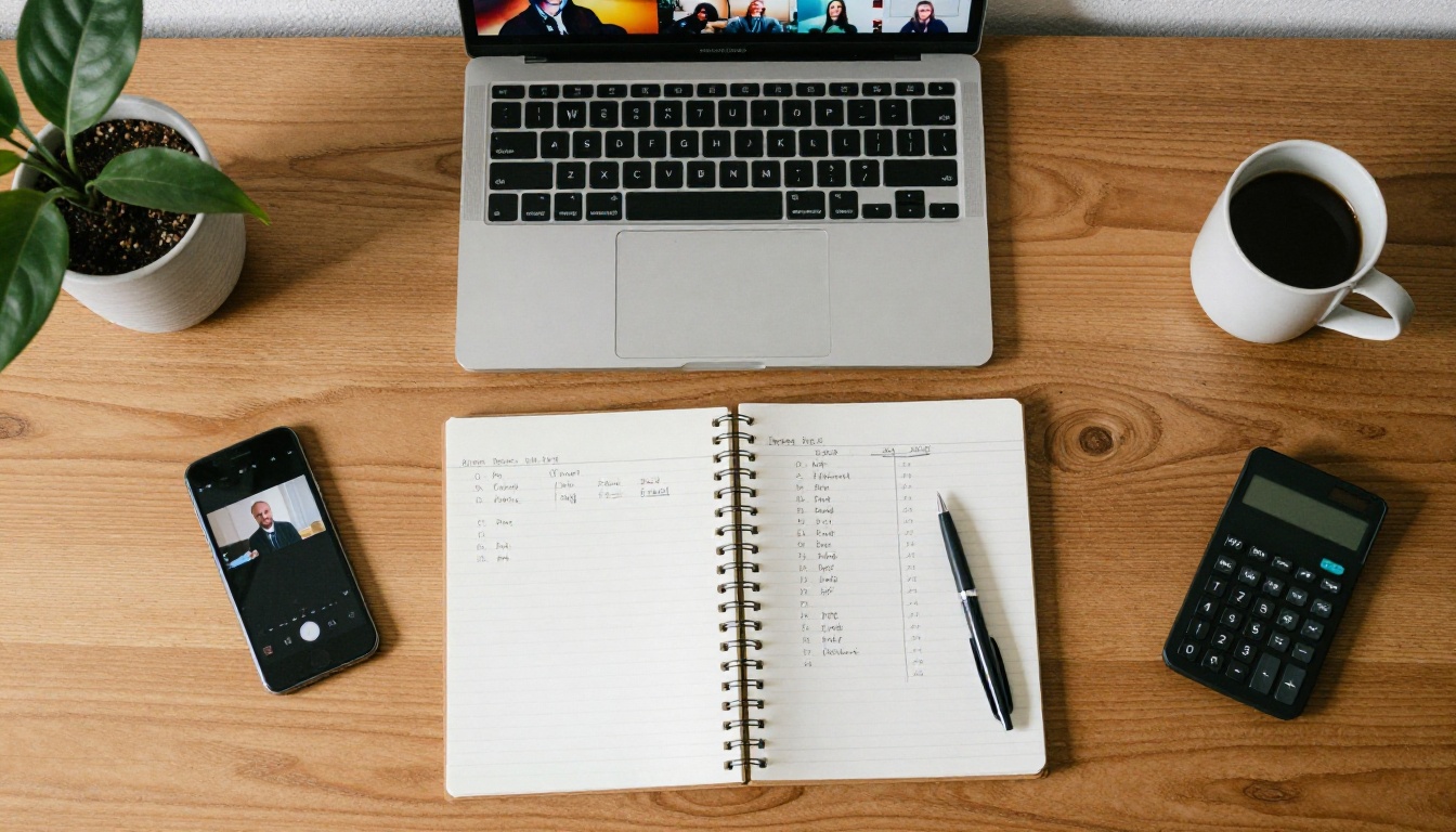 Top-down view of a desk with a laptop, smartphone, notebook of cost sums and a calculator