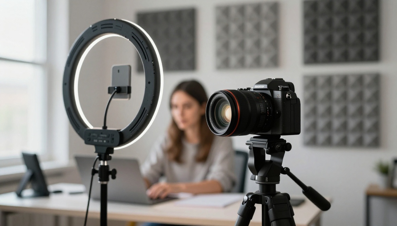 Mirrorless camera and ring light set up in a small YouTube studio
