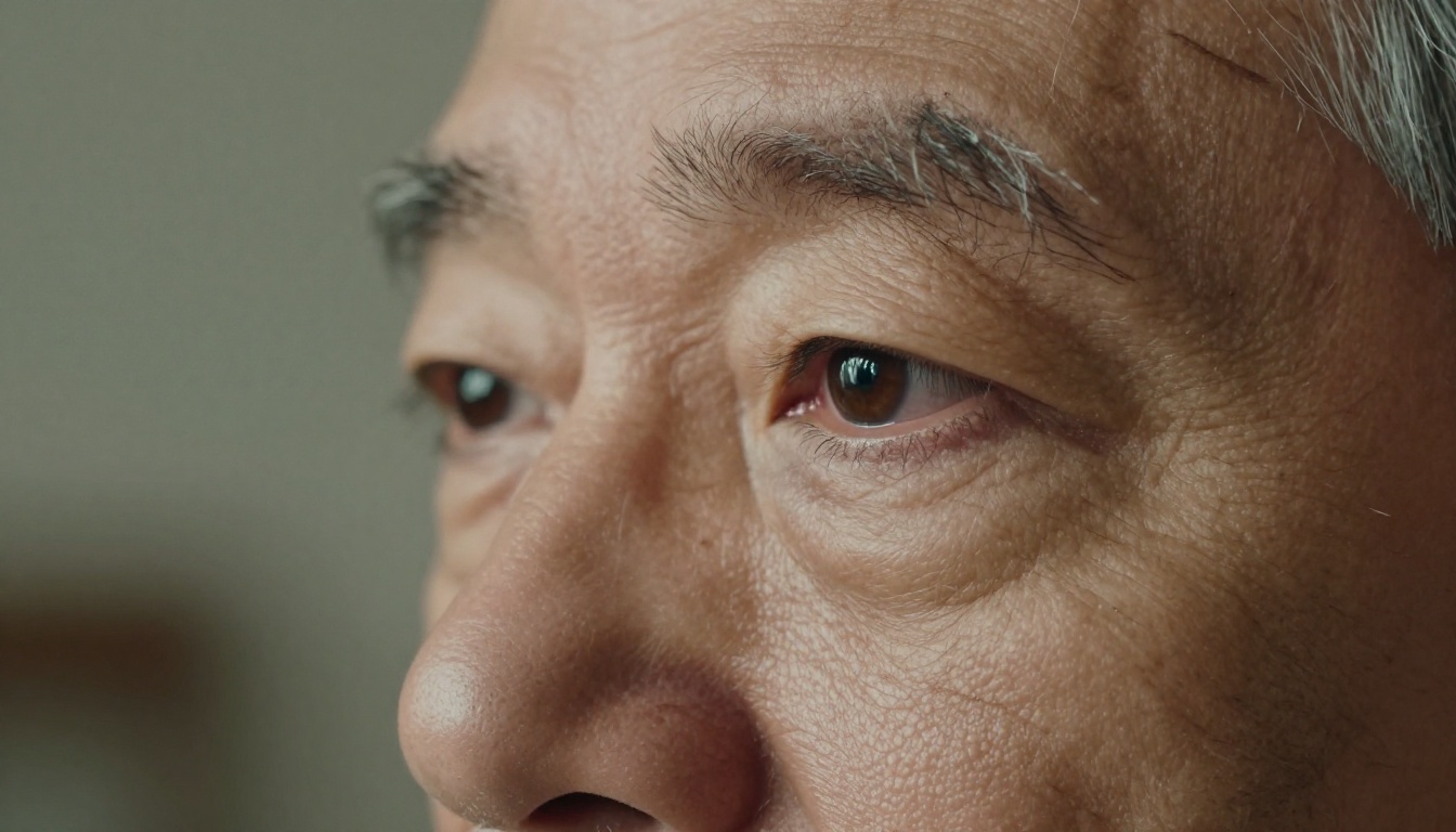 Extreme close-up of an older man's eyes and skin in a headshot