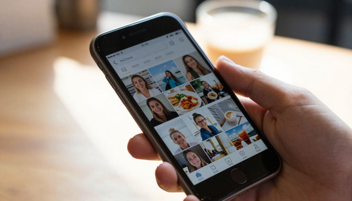 Hand holding a smartphone showing a video feed full of thumbnails in a sunlit cafe
