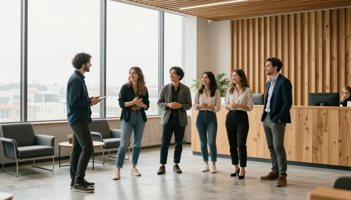 Six colleagues standing together in a bright office lobby
