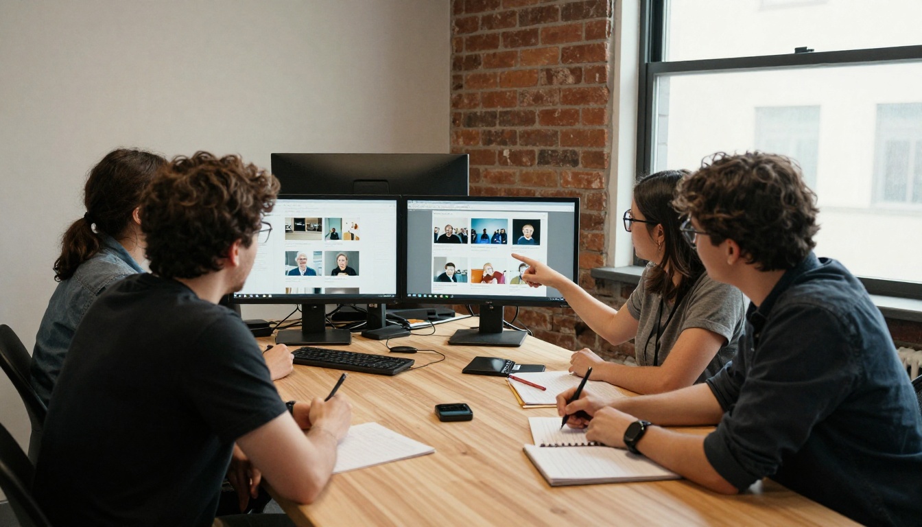 Marketing team around a table reviewing many thumbnail variations on two monitors